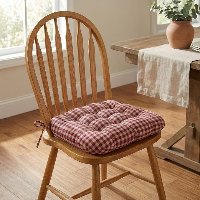 Barnett Home Decor Dining Chair Cushions with Ties – Small 15 x 17 - Latex Foam, 100% Cotton, Machine Washable Chair Pads for Kitchen Chairs, Made in USA (Farmhouse Check Red & Tan/Pack of 2) - Image 2