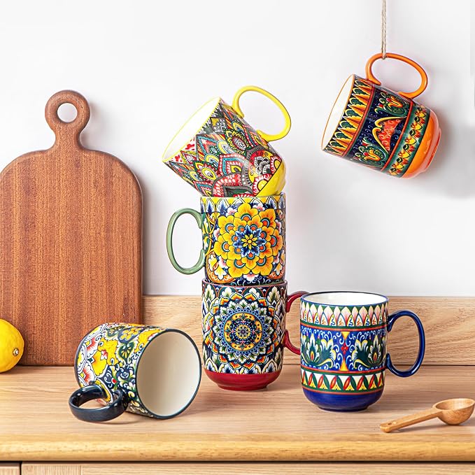 Henten Home Ceamic Coffee Mug Set of 6, 14 oz Colorful Latte Cup with Handle, Boho Floral Mug for Hot Cocoa, Milk, Tea, Chocolate, Microwave & Dishwasher Safe - Image 3
