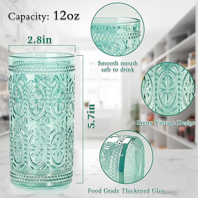 Darlion Green Glassware, Vintage Drinking Glasses, 12oz Highball Glasses | Lead-Free Glass, Food Grade Glass, Durable&Sturdy, Vintage Decoration - Image 6