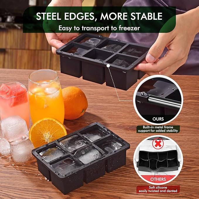 Ice Cube Tray, SLGOL Ice Trays for Freezer with Lid, Easy Release large Ice Cube Molds, Silicone ice cubes mold for Whiskey, Stackable Square Ice Tray for Cocktails Whiskey 【6 square 3 Pack】