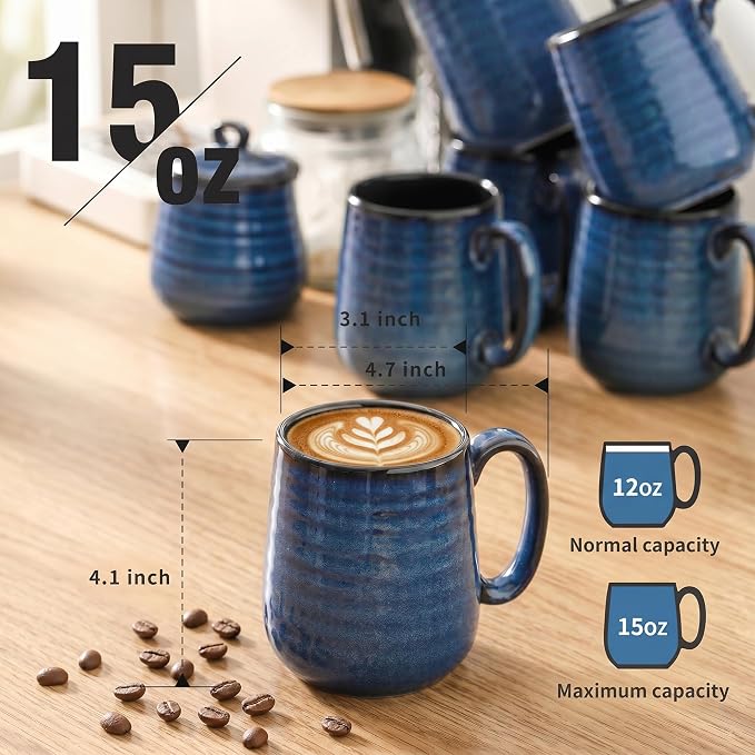 Coffee Mugs, 15 Ounce Ceramic Coffee Mug Set of 6, Reactive Glaze Tea Cups with Handle for Milk, Hot Cocos, Latte, Cappuccino, Blue Cup Gift for Man and Women, Dishwasher and Microwave Safe - Image 2