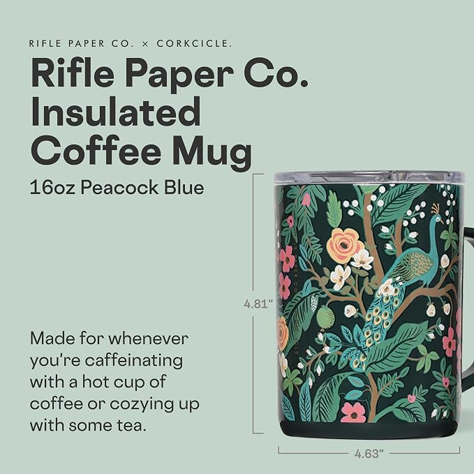 Corkcicle x Rifle Paper Co. Triple Insulated Coffee Mug with Lid & Handle - Keeps Beverages Hot for 3+ Hours - Gift for Mom - Great for Mother's Day or Christmas - 16 oz - Peacock Blue - Image 2