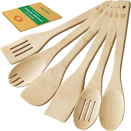 Riveira Maple Wooden Spoons for Cooking Set of 6 – Natural Maple Wooden Cooking Utensils, Wooden Spatula, Wooden Spoon - Premium Quality Utensil Set for Non-Toxic Cooking by Riveira