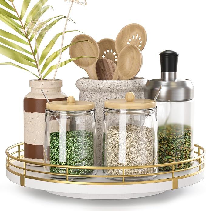 Oroyutor 9-Inch Wooden Lazy Susan Spice Organizer for Cabinet | Rotating oak tray organizes spices, toiletries and decor on kitchen counters, bathroom vanities, dining and coffee tables. by Oroyutor