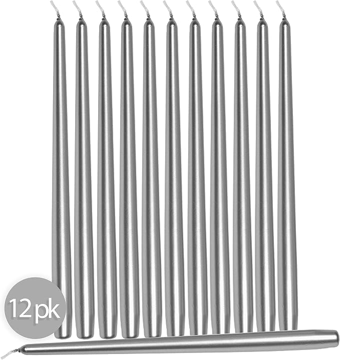 Hyoola 12 Pack Tall Metallic Taper Candles - 14 Inch Silver Metallic, Dripless, Unscented Dinner Candle - Paraffin Wax with Cotton Wicks - Image 2