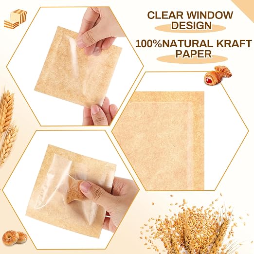 Outus 100 Pcs Cookie Packaging Bags with Seal, 3 x 3 Inch Bakery Pastry Bags with Window, Heat Sealable Grease Resistant Paper to Go Bake Sleeves for Gift Giving Donut Bread Sandwich (Brown) - Image 3