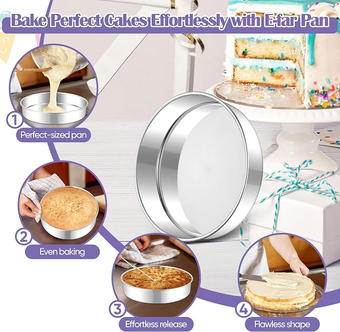E-far 9 Inch Round Cake Pan, 2-Piece Stainless Steel Round Baking Mold Tins - Non-Toxic & Leak-Proof for Birthday Wedding Layer Tiered Cake, Easy Clean & Dishwasher Safe - Image 5