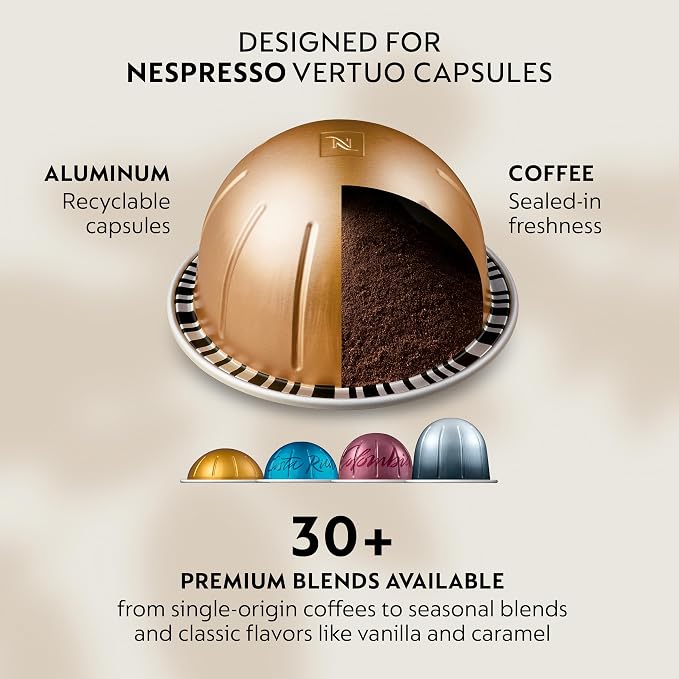Nespresso Vertuo Next Coffee and Espresso Maker by De'Longhi, Creamy White and Gold | Creamy white and gold coffee machine with slim, sustainable design. Brews 6 cup sizes, espresso to 18 oz., topped with crema. - Image 8