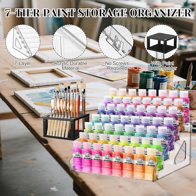 2 Pack 7 Layer Acrylic Paint Organizer & 1 Brush Holder,Model Display Shelf Miniature Paint Bottle Organizer Compatible with Citadel Paints,Others(2 pcs Clear Paints Storage Rack+1 Black Brush Holder)