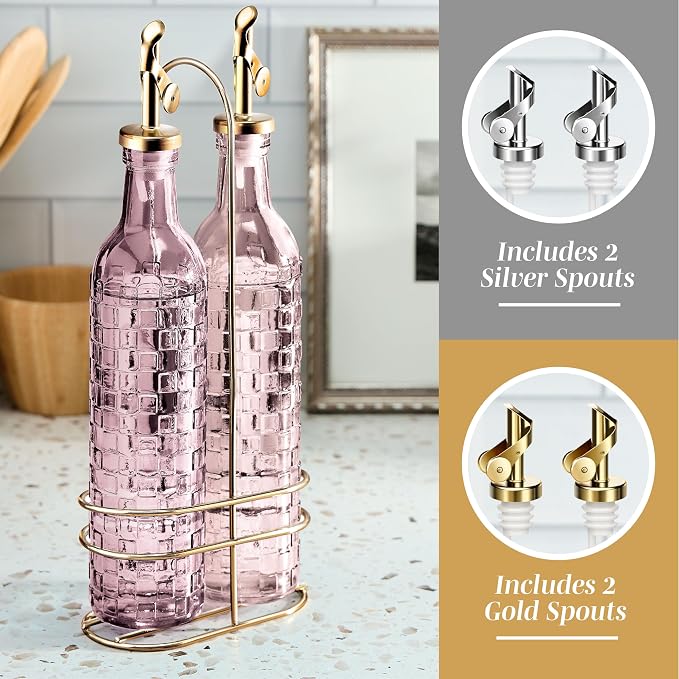 COOK WITH COLOR Glass Olive Oil Bottle Dispenser - 2 Pack- 17oz Oil and Vinegar Cruet - Olive Oil Carafe Decanter for Kitchen, Checkered, Pink - Image 4