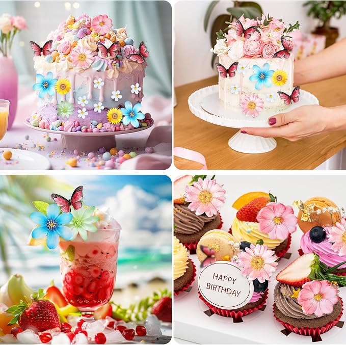 55 Pcs Edible Flowers & Butterflies Cake Decorations - Cupcake Toppers for Wedding, Birthday Party Food (Mixed Size & Colour) - Image 7