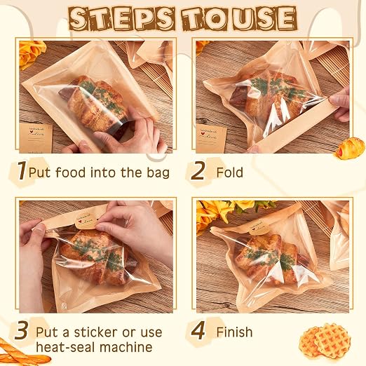 Outus 700 Pcs Cookie Packaging Bags with Seal, 7.1 x 7.5 Inch Bakery Pastry Bags with Window, Heat Sealable Grease Resistant Paper to Go Bake Sleeves for Gift Giving Donut Bread Sandwich (Brown) - Image 4