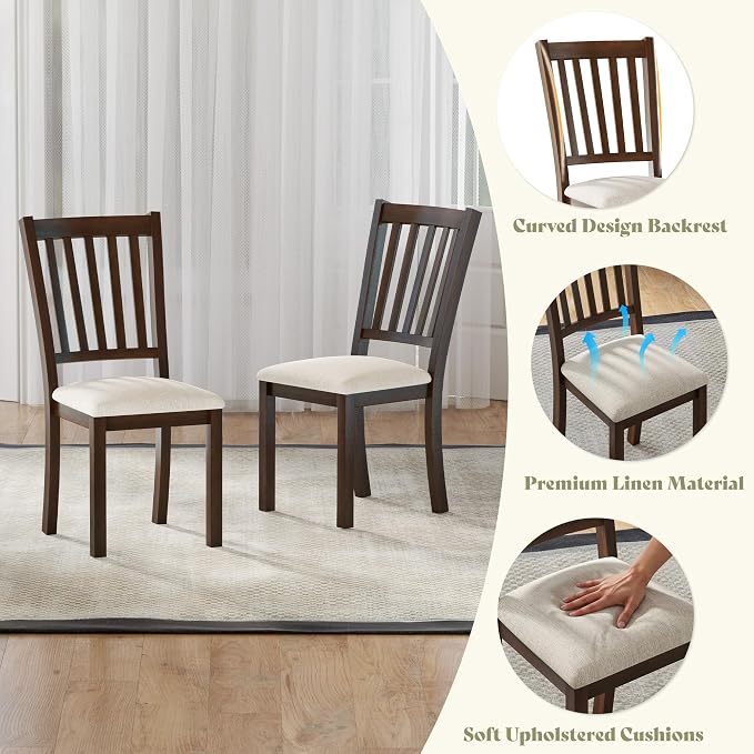 AMERLIFE 9 Piece Farmhouse Dining Set with 79" Rubberwood Table, Brown | 79" Rectangular Table, Solid Rubberwood Frame, Upholstered Chairs, Roman Conical Legs, Dark Brown Finish - Image 6