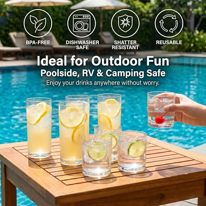 Meolibour® Acrylic Drinking Glasses Set of 8, 14oz Rocks & 20oz Water Cups, Unbreakable Plastic Drinkware, Clear Kitchen Tumblers for Home Outdoors, Reusable, BPA-Free, Top-Rack Dishwasher Safe - Image 3