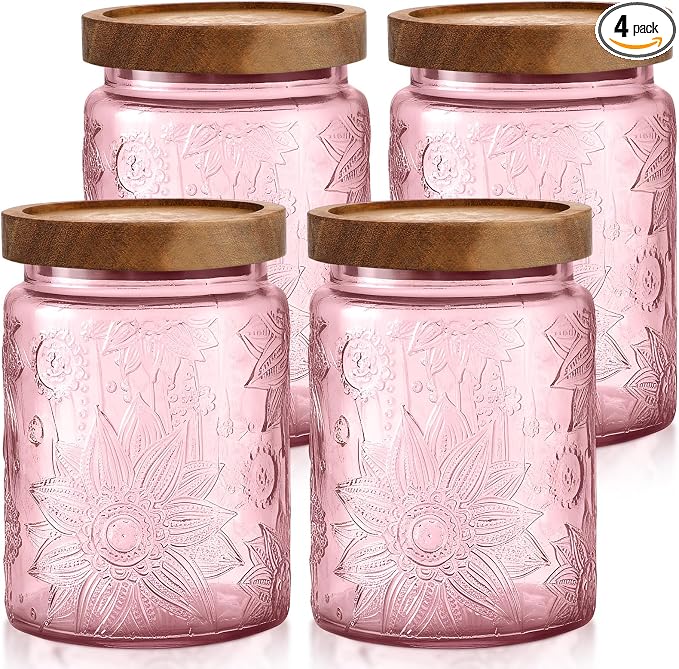 LemonRoad 4 Pcs Vintage Glass Storage Jars 23.67 oz Candy Jar Canister with Solid Wood Lids Food Storage Container for Kitchen, Ground Coffee, Tea, Sugar, Decorative Mason Cookie Jars (Pink) by Unknown