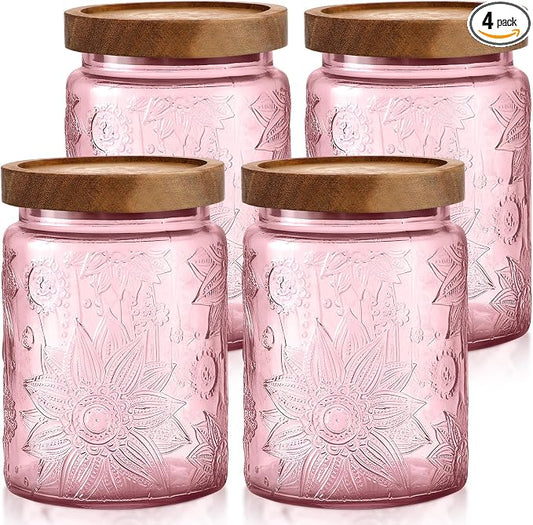 LemonRoad 4 Pcs Vintage Glass Storage Jars 23.67 oz Candy Jar Canister with Solid Wood Lids Food Storage Container for Kitchen, Ground Coffee, Tea, Sugar, Decorative Mason Cookie Jars (Pink) by Unknown