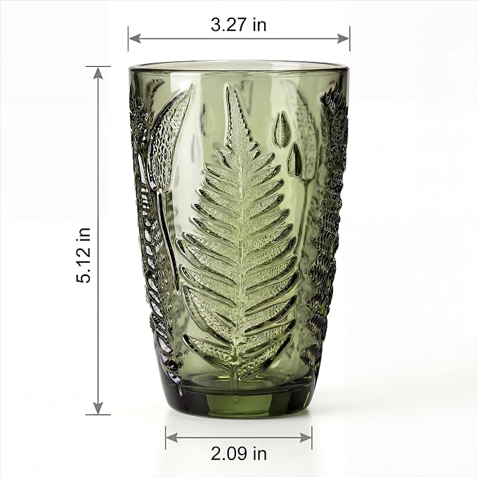 Green Drinking Glasses Set of 8, 12 oz Glass Cups, Vintage Fern Glassware | Hand-Pressed, Dishwasher Safe, Boho Leaf-Textured Drinkware, Embossed Highball Tumblers for Water, Retro Kitchen Gift - Image 4