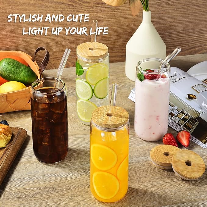 20 Oz Drinking Glasses - 6 Pcs Glass Cups with Bamboo Lids and Straws | Food-grade durable clear tumbler, Coffee bar accessories, Aesthetic gift, For beer, Iced tea, Include 2 cleaning brushes - Image 3