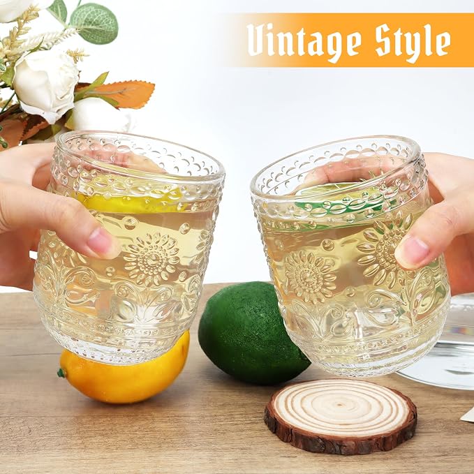 Topsky Vintage Drinking Glass Set of 4,12 oz Embossed Floral Drinkware Set,Colorful Drinking Glasses Cups Wine Glasses Colored Glassware for Whisky,Beer,Juice,Cocktail,Heavy Duty-Clear - Image 3