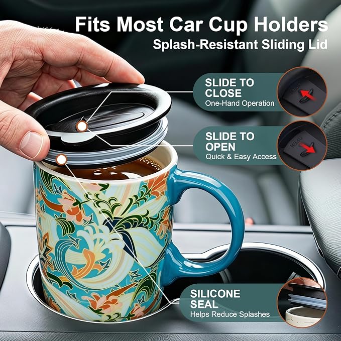 Topadorn 17oz Ceramic Travel Mug with Lid, Art Nouveau Floral Coffee Mug | Vintage Blue Botanical Latte Cup, Microwave & Dishwasher Safe Gift Mug for Home Office Commute - Image 6