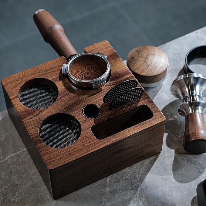 58mm Espresso Tamping Kit Walnut Tamper Station and Knock Box for Coffee Grounds Disposal and Tool Organization