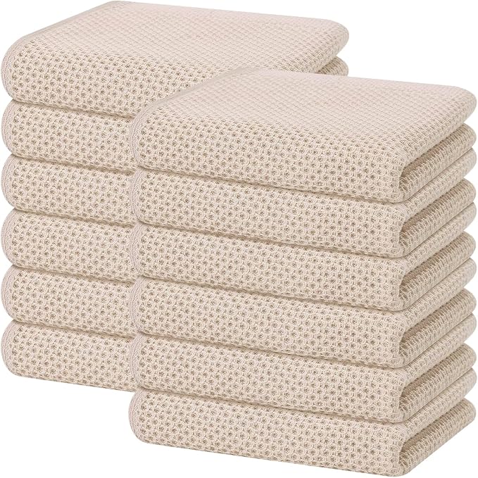 Homaxy 100% Cotton Waffle Weave Kitchen Dish Towels 12-Pack, Beige | 13 x 28 Inches, Ultra Soft Absorbent Dish Towels, Quick Drying Cleaning Towels by Homaxy