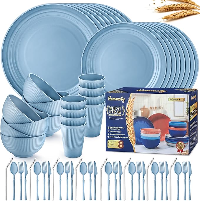 Wheat Straw Dinnerware Sets,64-Piece Plates and Bowls Sets for 8-Unbreakable,Reusable Plastic Dish Set-Dinner Plate/Dessert Plate/Cereal Bowl/Cup/Utensils-Microwavable Dishwasher Safe 64P-Blue by HOMMALY