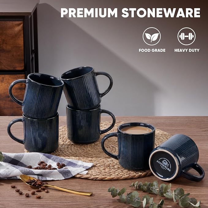 E-far 12 oz Coffee Mugs Set of 6, Stoneware Coffee Cups with Handle for Man Woman, Modern Ribbed Ceramic Tea Mugs for Latte Cocoa Milk, Microwave & Dishwasher Safe, Midnight Blue - Image 3