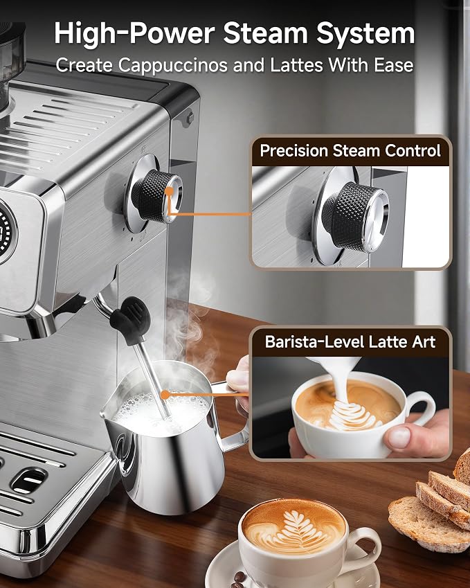 Espresso Machine with Grinder,20 Bar,44 Grind Setting,Milk Frother | Stainless Steel Coffee Machine,Easy-Clean,PID Temp Control,Built-in Grinder, Latte,Cappuccino,Americano & Hot/Cold Brew - Image 8