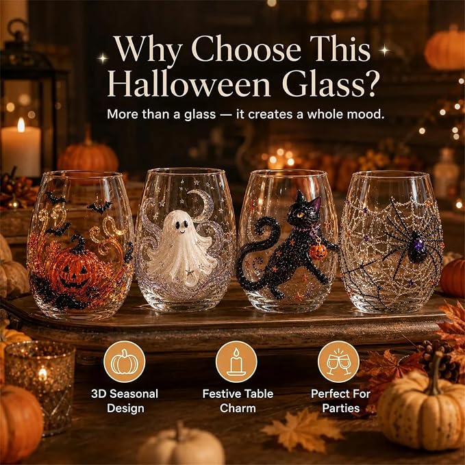 3D Halloween Artisan Glassware Collection, Premium Handleless Glass with Ghost, Pumpkin, Spider & Black Cat Gothic Style Artistic Glass Wine Goblet Designs, for Party & Cozy Fall Home Bar (B) - Image 3