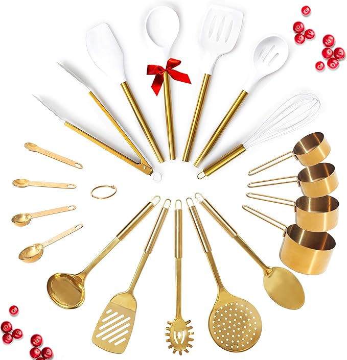 Gold Kitchen Utensils Set - 19-Piece Set Includes Stainless Steel Gold Utensils, White Silicone Tools, and Measuring Cups and Spoons - Luxury Kitchen Accessories for Modern Cooking, Serving, & Gifting | Stainless Steel, White Silicone Tools, and Measur... by STYLEDSETTINGS