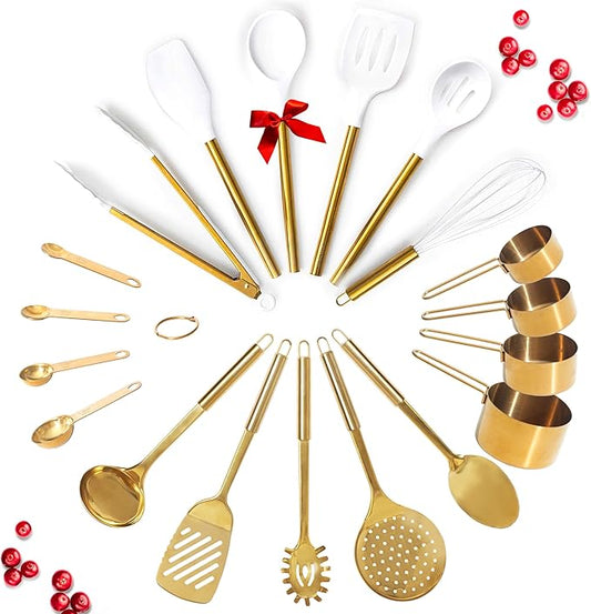 Gold Kitchen Utensils Set - 19-Piece Set Includes Stainless Steel Gold Utensils, White Silicone Tools, and Measuring Cups and Spoons - Luxury Kitchen Accessories for Modern Cooking, Serving, & Gifting | Stainless Steel, White Silicone Tools, and Measur... by STYLEDSETTINGS