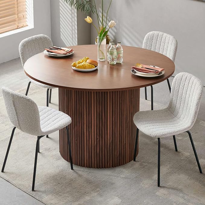 5 Piece Round Dining Table Set for 4, Mid Century Modern Wooden Kitchen Table and Chairs, Space-Saving Small Dinette Set (47 Inch Walnut Table+4 White Chairs) by SQPFTW