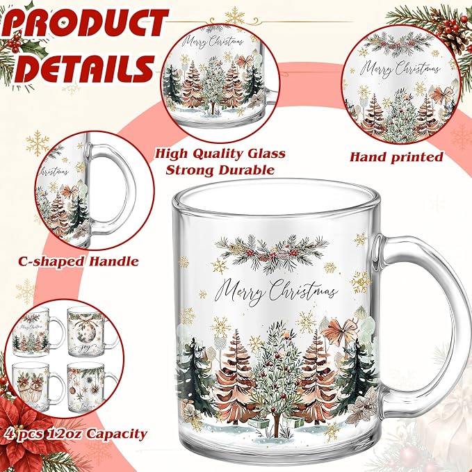 Tioncy 4 Pcs Christmas Mugs 12 oz Xmas Tea Cups with Handles Christmas Tree Coffee Cup Holiday Mugs Set Festive Xmas Cup Drinking Gift for Coffee Lovers Santa Collectible Containers Holiday Party - Image 3