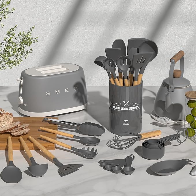 Umite Chef Kitchen Cooking Utensils Set, 33 pcs Non-stick Silicone Spatula Set with Holder, Woodle Handle Heat Resistant Gadgets Utensil (Gray) - Image 2