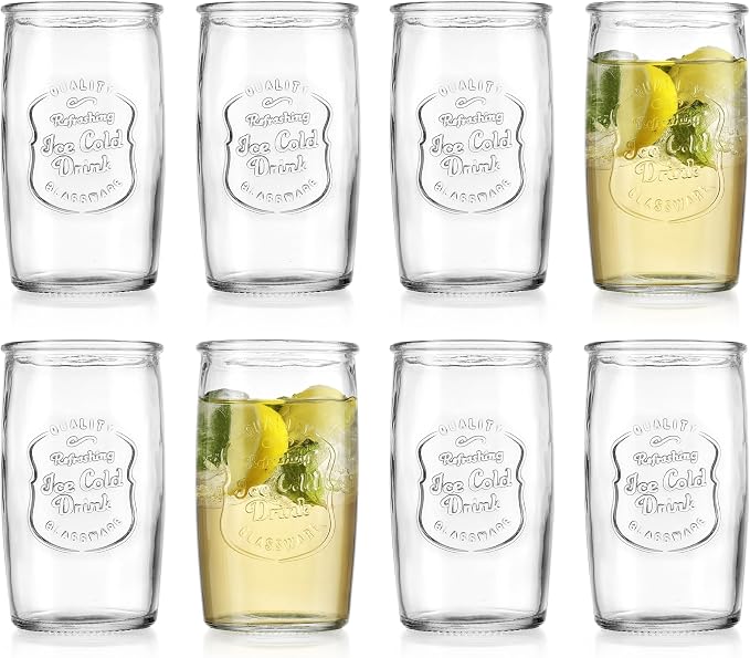 Glaver's Set of 8 Highball Glass Cups 20 OZ Stemless Tall Drinking Glasses For Everyday Use, Vintage Ice Cold Logo Tumbler Glassware for Bar, Juice, Cocktails, Beer, Water glasses. - Image 2