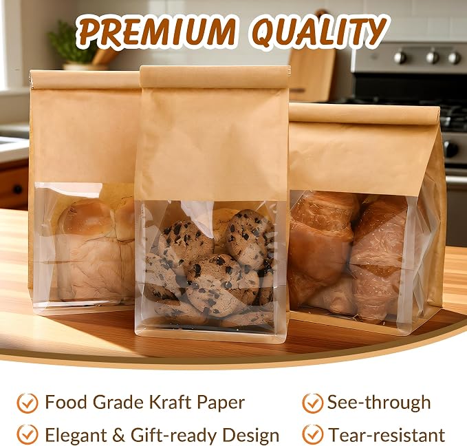 105 Pcs Small Bakery Bags with Window, Paper Cookie Bags | 3.9x5.1x11.2 Inches Ties Lock Resealable Paper Treat Bags for Homemade Breads, Popcorn, Candies,Snacks, Baked Goods Packagin - Image 6