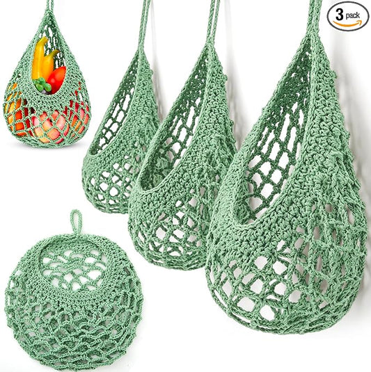 Honeydak Boho Decor Hanging Wall Baskets for Kitchen 3 Pack Teardrop Baskets with Hooks Storage Fruit Onion Vegetable Potato for Home(Sage Green,Crochet,Cotton Rope) by Honeydak