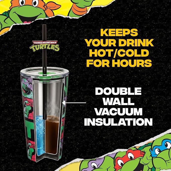 Dragon Glassware x Teenage Mutant Ninja Turtles Insulated Tumbler, 16 oz | Vacuum Insulated Stainless Steel Tumbler with Straw & Lid; Double Walled TMNT Tumbler with Straw Topper; Ninja Turtle Cup - Image 6