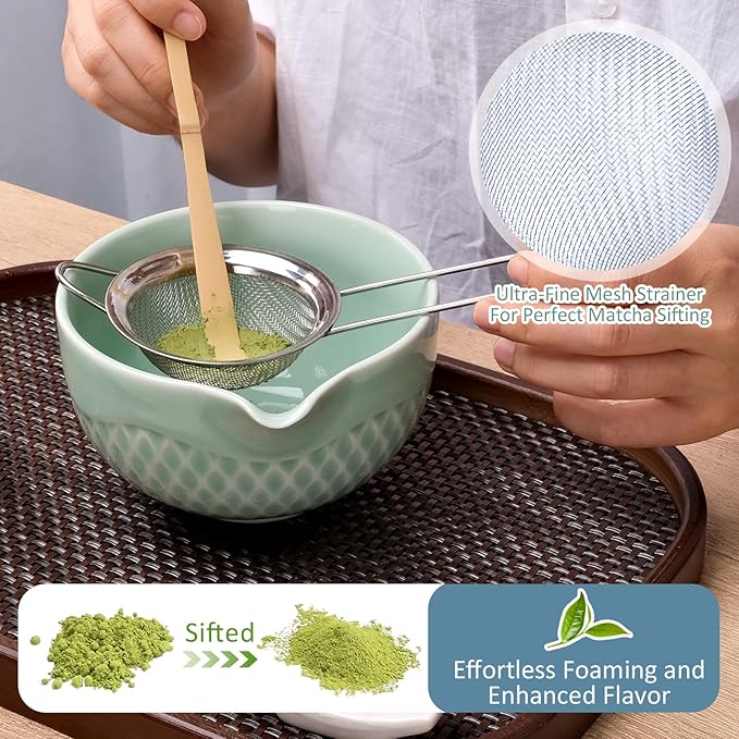Joyscale Matcha Whisk Set, Matcha Set Whisk And Bowl, 8 Pcs Matcha Kit Set(Texture Design), 16 OZ, Japanese Matcha Tea Set, Matcha Making Kit Gifts for Tea Lovers(Celadon Green)