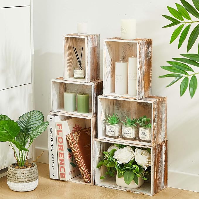 Set of 6 Farmhouse Wooden Crate Antique Wood Crates for Pantry Decor Organizer Storage Rustic Wooden Crates for Display Decorative Solid Wooden Storage Box for Book Storage Organizing - Image 7