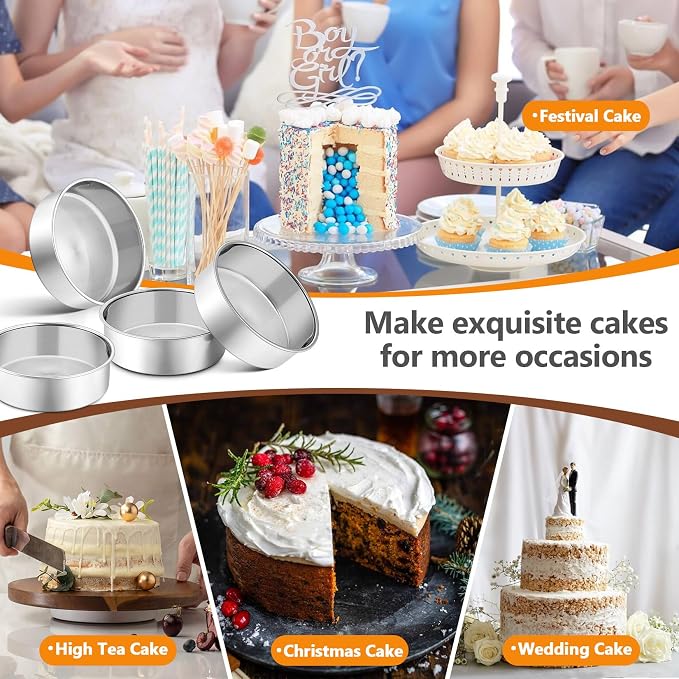 P&P CHEF 6 Inch Cake Pan Set of 4, Stainless Steel Round Cake Pans Tins | Baking Round Cake Bakeware for Birthday Wedding, Leak-proof & Mirror Finish & Easy Releasing, Dishwasher Safe - Image 5