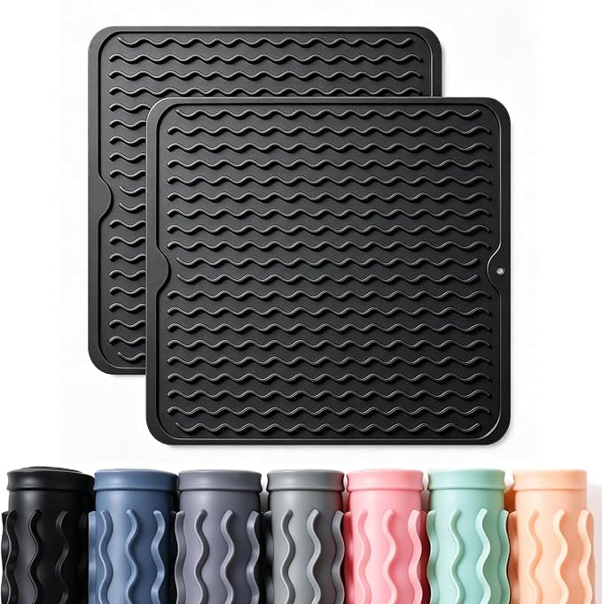 2 Pack Caketime Silicone Dish Drying Mat for Kitchen Counter Under Sink Protector Organizers Cooking Baking Espresso Machine Accessories Coffee Mats Appliance Stone Rack Trays Drain 12"x12" Black by CAKETIME
