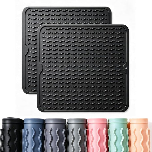 2 Pack Caketime Silicone Dish Drying Mat for Kitchen Counter Under Sink Protector Organizers Cooking Baking Espresso Machine Accessories Coffee Mats Appliance Stone Rack Trays Drain 12"x12" Black by CAKETIME