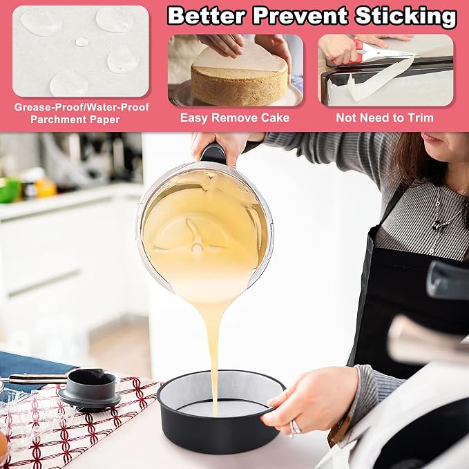 E-far 6 Inch Cake Pans Set of 2, Nonstick Stainless Steel Small Round Baking Pans with Parchment Paper & Side Liner Roll, Stainless Steel Core & Non-toxic Coating, Straight Side & 2 Inch Deep - Image 4