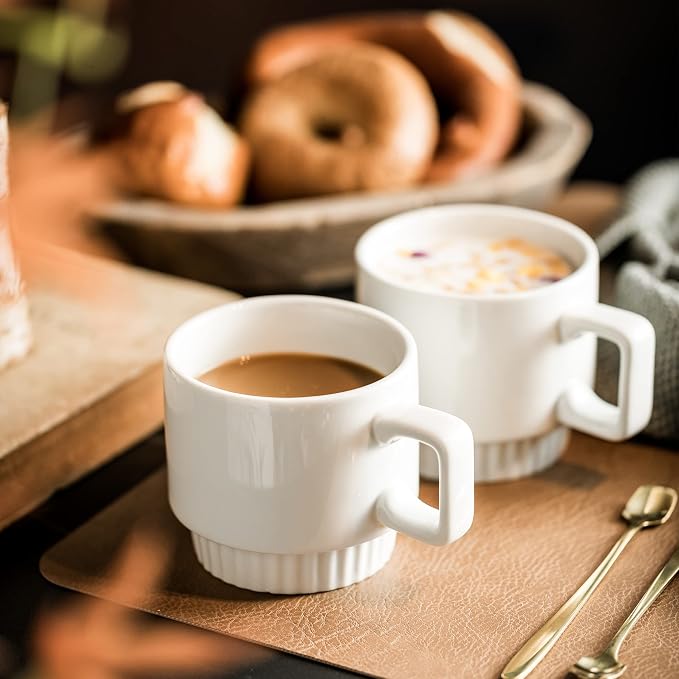 Miamolo Coffee Mugs Set of 4, Stackable Coffee Cups with Stand and Spoons | 11oz, Ceramic | for Espresso Cappuccino Latte Tea Drinks | Dishwasher & Microwave Safe | Housewarming Gift | White - Image 8