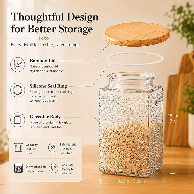 Glass Storage Jars With Airtight Lid, 35oz Canister For Kitchen Counter with Bamboo Lid, brown sugar, candy, coffee, cookie, salt, tea,pantry cute Jar (Large Square Sunflower) - Image 3
