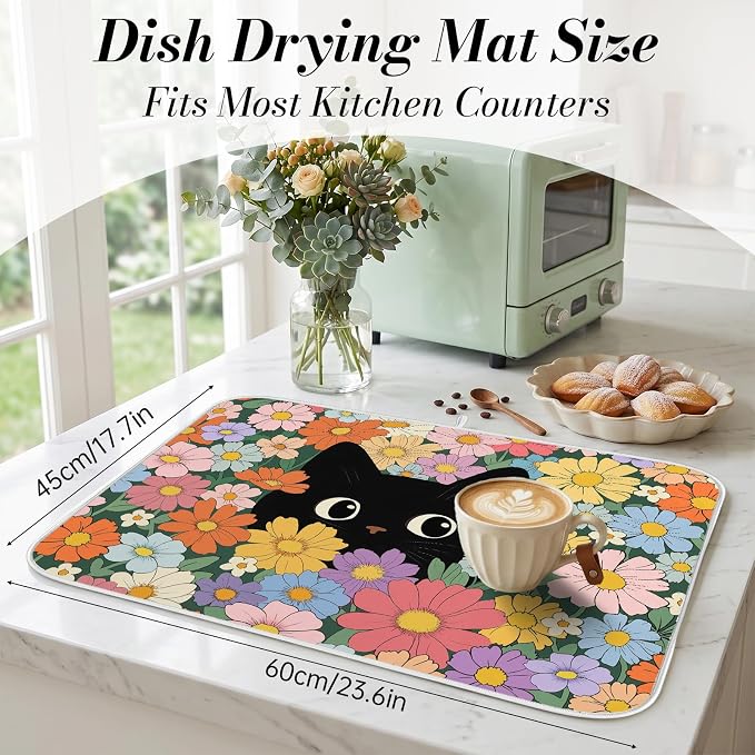 Black Cat Floral Dish Drying Mat for Kitchen Counter Coffee Bar 18x24 in | Non Slip Absorbent Kitchen Dishes Drainer Mat, with Anti-slip Rubber Backing & Hanging Loop, Decor for Sink, Cat Theme Gifts - Image 2