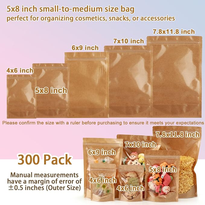 300 Pack Kraft Paper Bags with Clear Window 5x8 Reclosable Small Stand Up Mylar Bags for Food Storage Resealable Smell Proof Pouch, Edible Packaging, Reusable bags for Small Business - Image 6