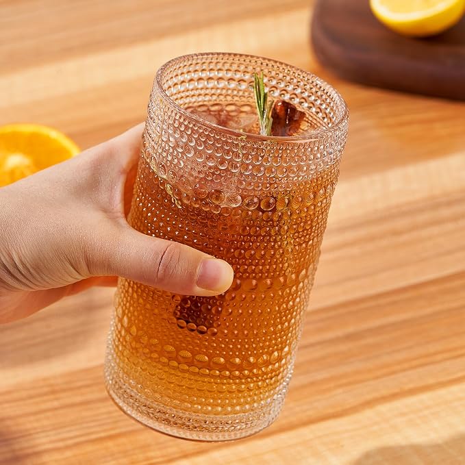 16oz Hobnail Drinking Glasses Set of 12, Vintage Large Capacity Embossed Clear Tumblers, Highball Glasses for Water, Cocktail, Beer, Whiskey, Juice & Bar Use - Image 6
